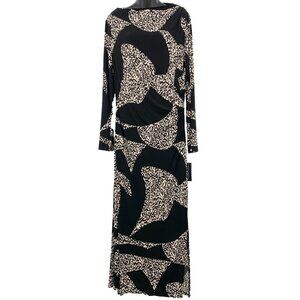 Donna Morgan Black Cheetah Maxi Dress Size 16 Boat Neck Long Sleeve Stretch New